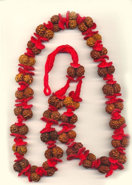 Rudraksha mala (kantha) with brown beads and red thread, 32+1
