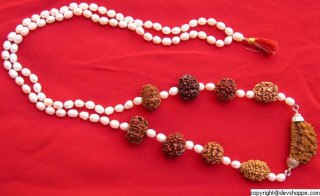 Rudraksha mala: white pearl beads, gold spacers, brown rudraksha accents, tassel