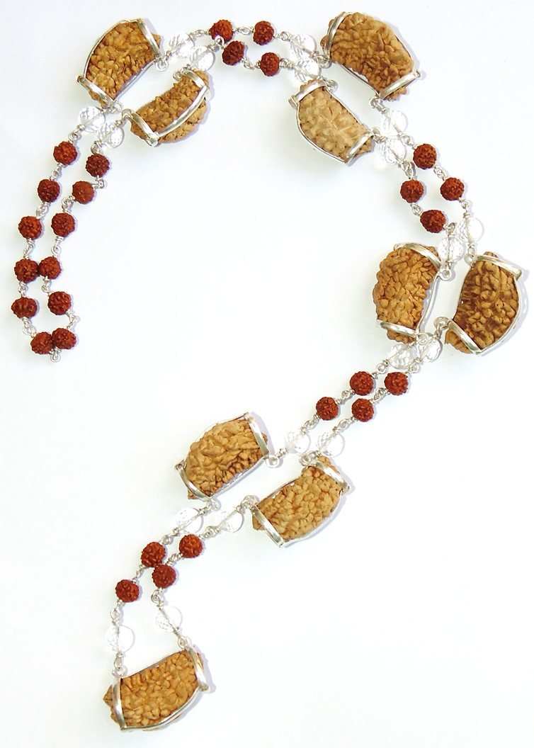 Rudraksha mala with silver diamond-cut Sphatik beads, dark red seed beads, 1 face