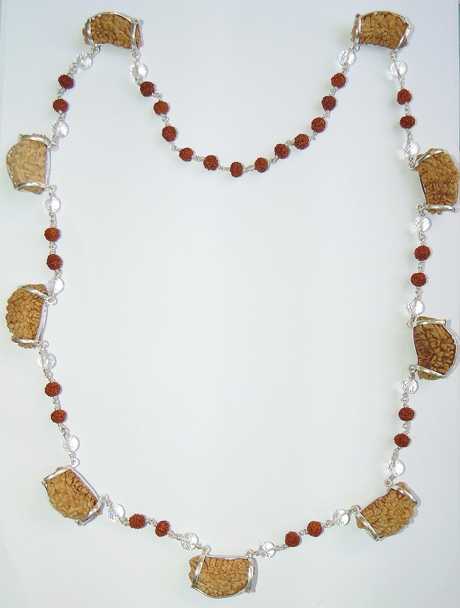 Rudraksha mala with silver diamond-cut Sphatik beads, dark red seed beads, 1 face