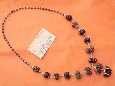 Rudraksha mala necklace with dark brown beads and silver-toned spacers, with tag