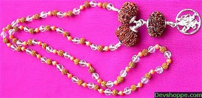 Rudraksha mala with coral and crystal beads; Lord Hanuman pendant and tassel