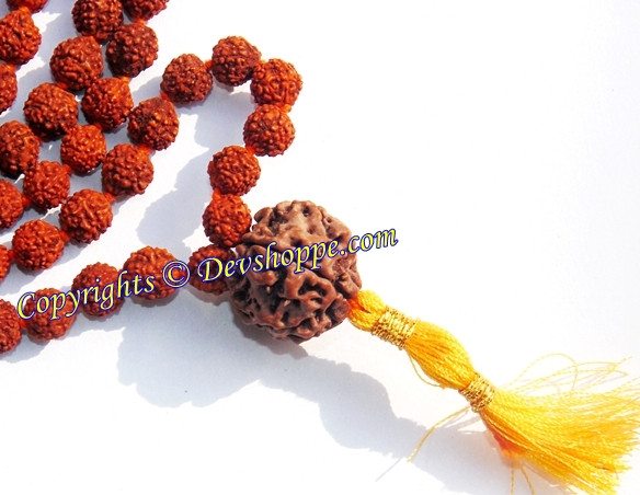 Rudraksha mala with large seven-faced Sumeru bead and yellow tassel, five-faced beads