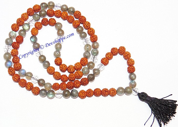 Rudraksha and labradorite mala with orange rudraksha beads, grey stone beads, tassel