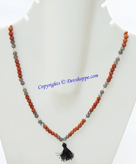 Labradorite and rudraksha mala necklace with grey stone beads, orange beads, black tassel
