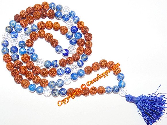 Rudraksha & lapis mala: alternating brown and blue beads with blue tassel