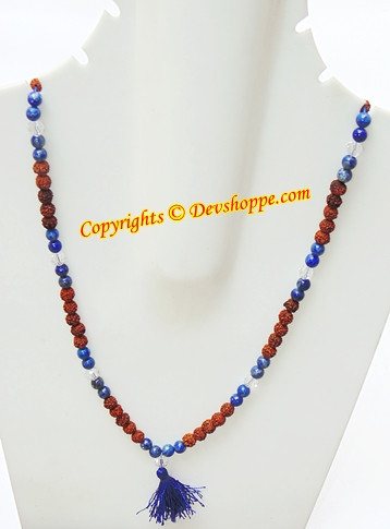 Rudraksha and lapis mala on mannequin: brown and blue beads with hanging tassel