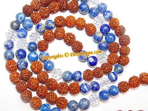 Handcrafted mala beads: brown rudraksha and blue lapis with clear spacer beads