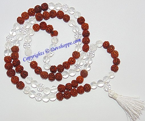 Rudraksha Sphatik mala: brown rudraksha beads with clear crystal bead strands