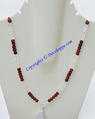 Rudraksha Sphatik mala on bust: alternating brown beads and clear crystal beads