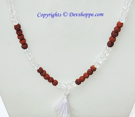 Rudraksha Sphatik mala with tassel: brown bead clusters and clear crystal segments