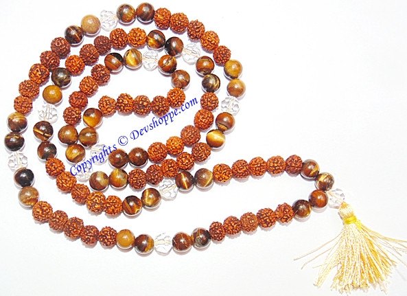 Rudraksha and tiger eye beads mala with white tassel, layered bead strands