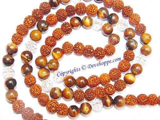 Combination mala: orange rudraksha beads and tiger eye stone beads in loops