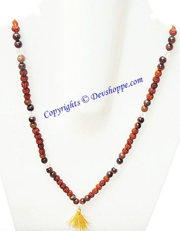 Rudraksha and tiger eye mala necklace with gold-toned tassel on bust display