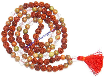 Handcrafted combination mala: dark red rudraksha beads, green unakite stones, tassel