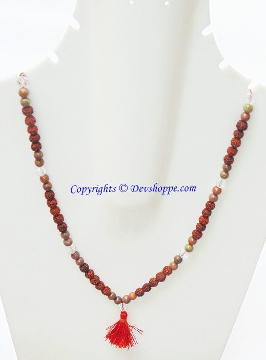Rudraksha and unakite mala necklace on bust, double strand with red tassel