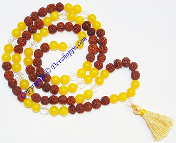 Yellow jade and dark rudraksha bead mala with gold-tone tassel for Jupiter