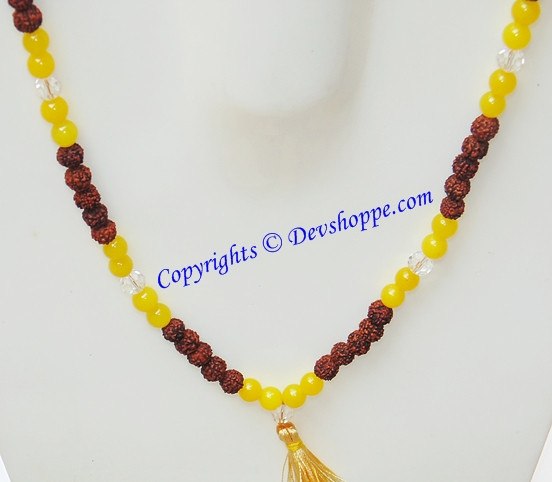 Yellow and dark rudraksha bead mala necklace, gold-tone tassel at center