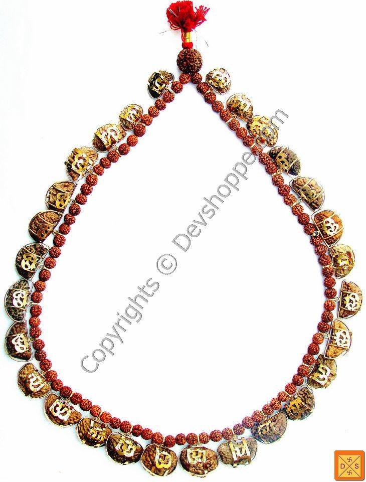 Rudraksha mala with 1 Mukhi beads, gold-patterned spacers and red tassel