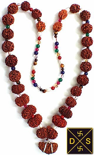 Rudraksha siddhar mala with red rudraksha beads and colorful navratna bead segments