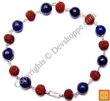 Lapis lazuli and rudraksha bead bracelet with blue and red stones, silver links