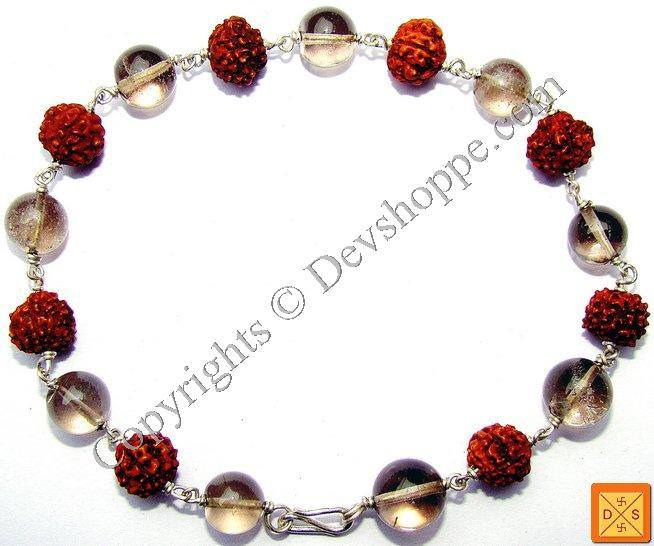 Rudraksha Smokey Quartz combination bracelet with red rudraksha beads and smoky quartz stones
