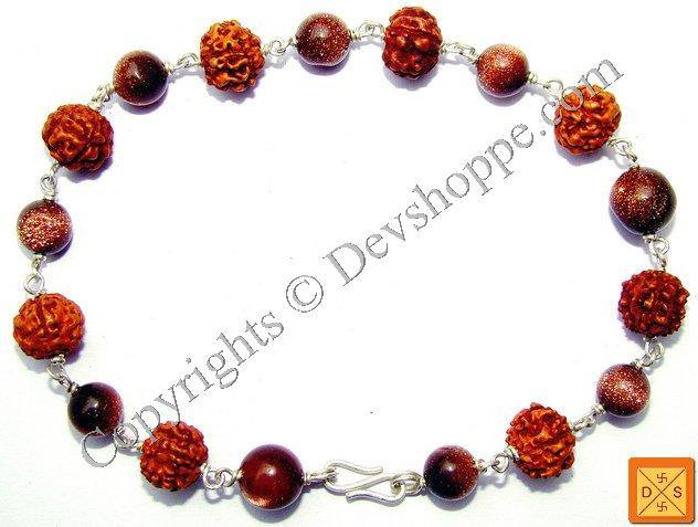 Rudraksha sunstone combination bracelet with red textured beads and sparkly dark beads