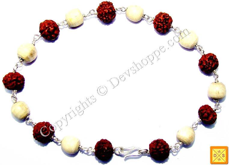 Rudraksha Tulsi bracelet with red textured beads and cream round beads, silver links