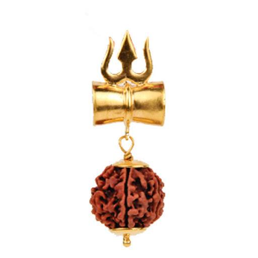 Gold trishul-damru locket with rudraksha bead and hanging chain