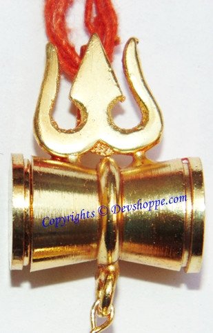 Gold trishul-damru locket with rudraksha bead and hanging chain
