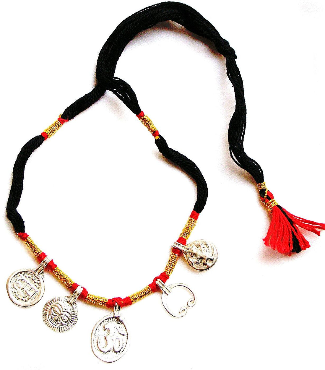 Black braided protection charm bracelet with red beads, silver coin charms and red tassel