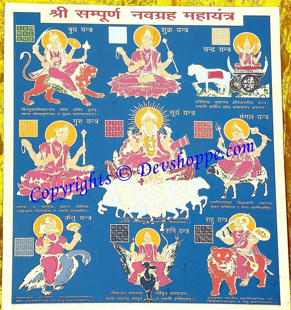 Nine-planet symbolic geometry yantra poster with central deity and planetary figures