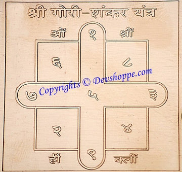 तांबे की पट्टी पर श्री गौरी-शंकर यंत्र, बीच में अर्च और चार भुजाएँ