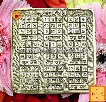 Sri Navagraha yantra on mixed metal plate with engraved square numeric grids
