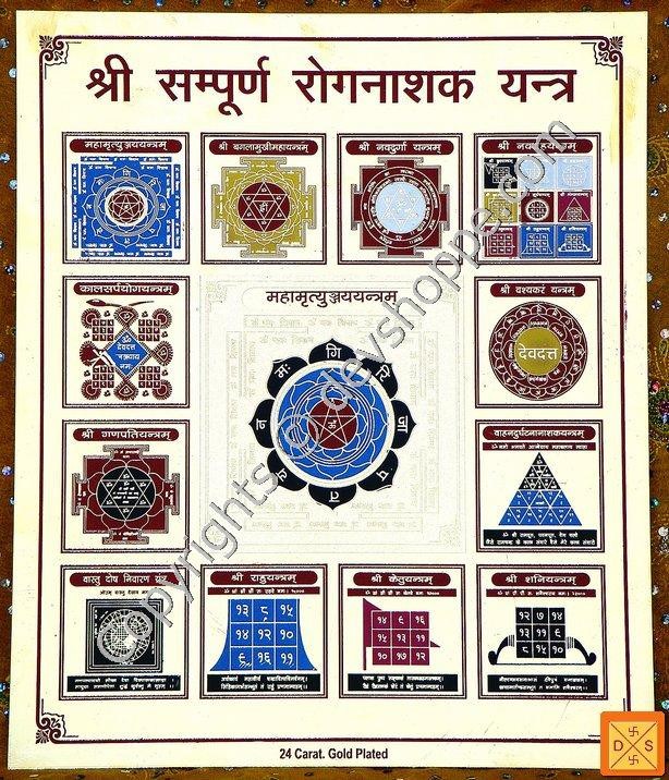 पीतल पर श्री संपूर्ण रोगनाशक यंत्र—कई ज्यामितीय चिह्न व गोलाकार मुख्य डिज़ाइन