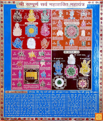 Red yantra poster with deity icons, circular mandalas and devotional text blocks