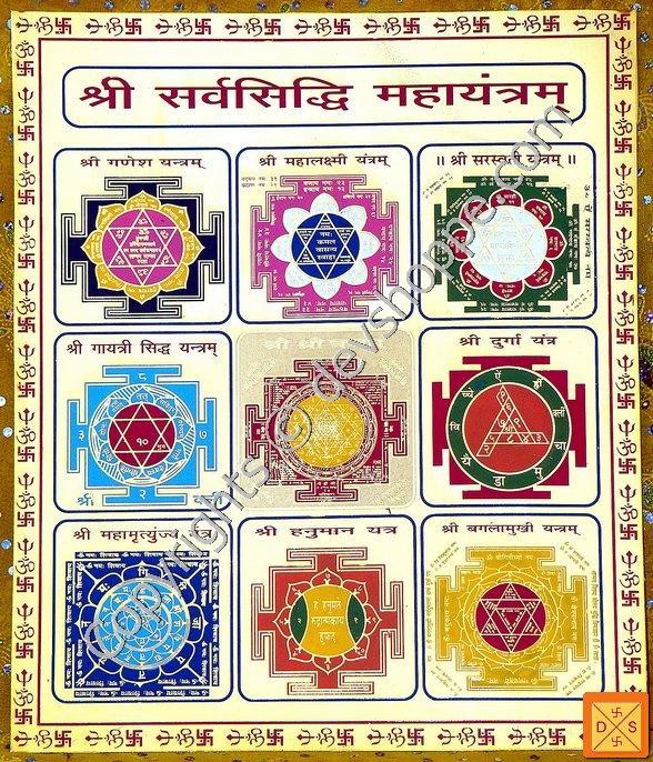 Sri Sarva Siddhi Yantra card with eight colorful geometric mandala designs and Devanagari text