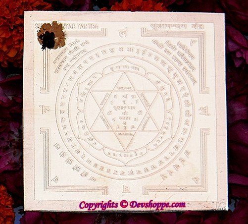 Sri Subramanya yantra with central triangular figure and circular Sanskrit inscriptions