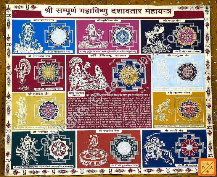 Brass Dashavatar Mahayantra yantra with multi-color deity symbols and ornate border