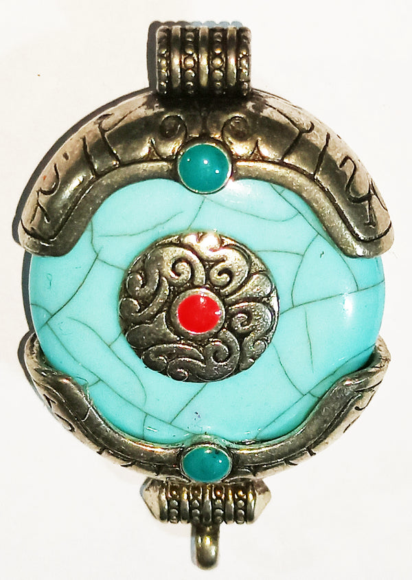 Ethnic Tibetan Blue Resin Ghau Amulet Charm Pendant with Tibetan Silver Caps, Auspicious Conch symbol & Coral bead Inlay Accent