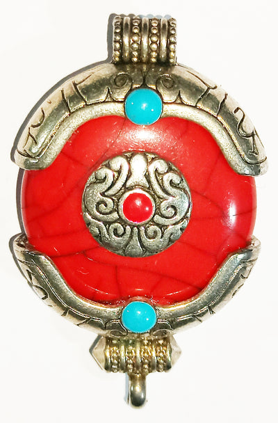 Ethnic Tibetan Red Resin Ghau Amulet Charm Pendant with Tibetan Silver Caps, Repousse Auspicious Conch symbol & Bead Inlay Accent