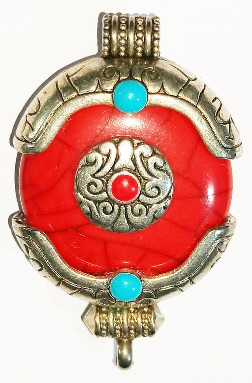 Ethnic Tibetan Red Resin Ghau Amulet Charm Pendant with Tibetan Silver Caps, Repousse Auspicious Conch symbol & Bead Inlay Accent - Devshoppe