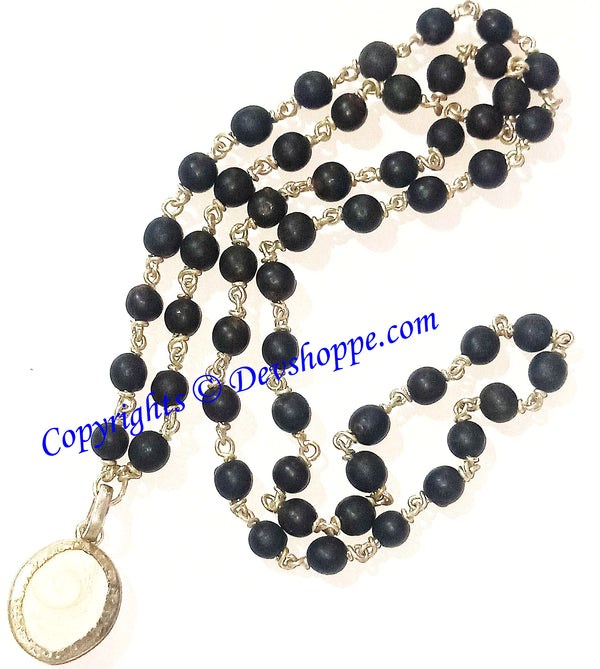 Black Vaijanti mala in silver with Gomti Chakra pendant