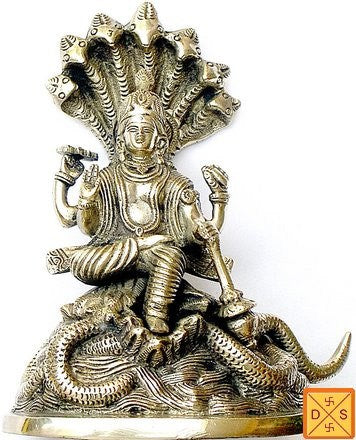 Lord Vishnu sitting on Sheshnag (serpant) mixed metal alloy idol - Devshoppe