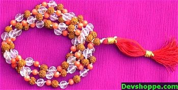 Coral, Sphatik and Rudraksha beads combination mala - Devshoppe
