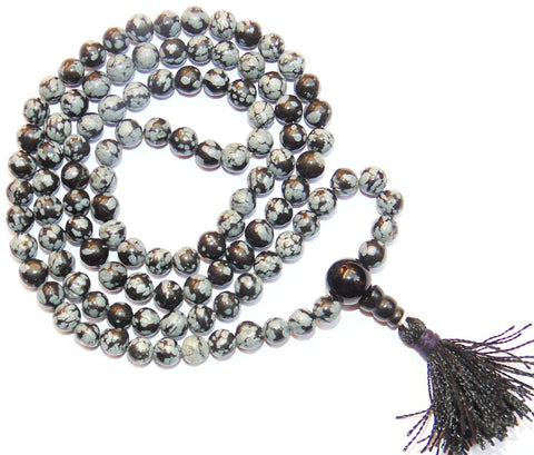 Snowflake Obsidian Buddhist style mala to get rid of Negative energies and for positivity - Devshoppe