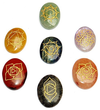 7 Chakra Reiki Healing Stones Set Energized & Purified with Engraved Chakra Symbol on it