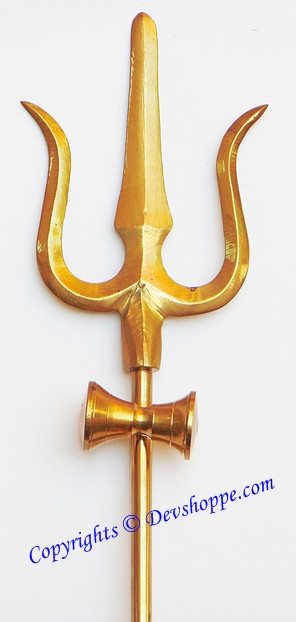 Brass Folding Trishul (Shiva's Trident) with Damru / Damaru 18 inches - Devshoppe