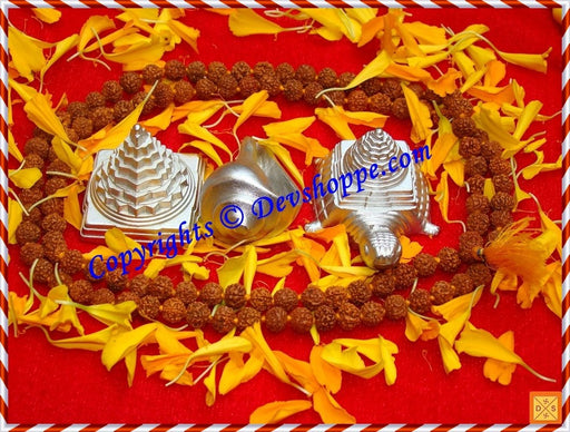 Combo deal 3 - Parad Sriyantra + Parad Shankha + Parad Meru yantra + Free Rudraksha mala - Devshoppe