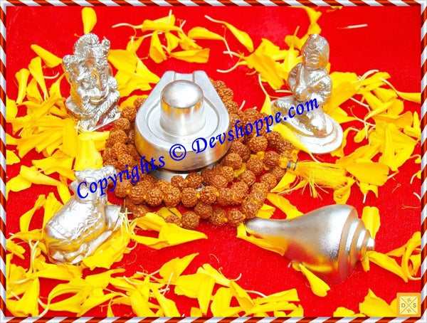Combo deal 4 - Parad Shivlinga + Parad Shankha + Parad Nandi + Parad Ganesha + Parad Parvati + Free Rudraksha mala